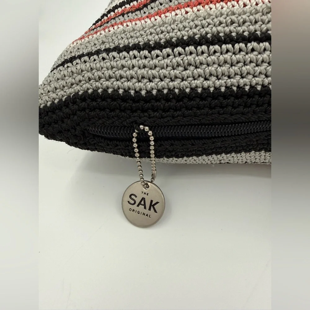 The SAK Home Square Crochet Knit Pillow Black Beige Red Gray 12”x 17
